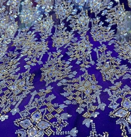 Pearl / Beaded Wedding Dress - Purple / Gold - 1 Yard