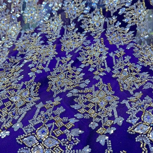 Pearl / Beaded Wedding Dress - Purple / Gold - 1 Yard