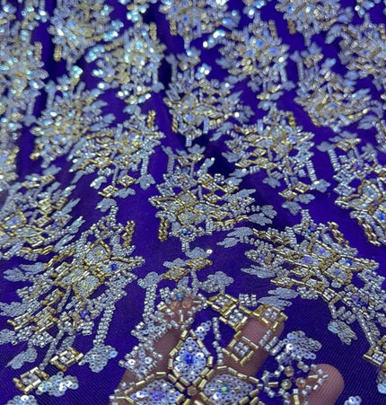 Pearl / Beaded Wedding Dress - Purple / Gold - 1 Yard