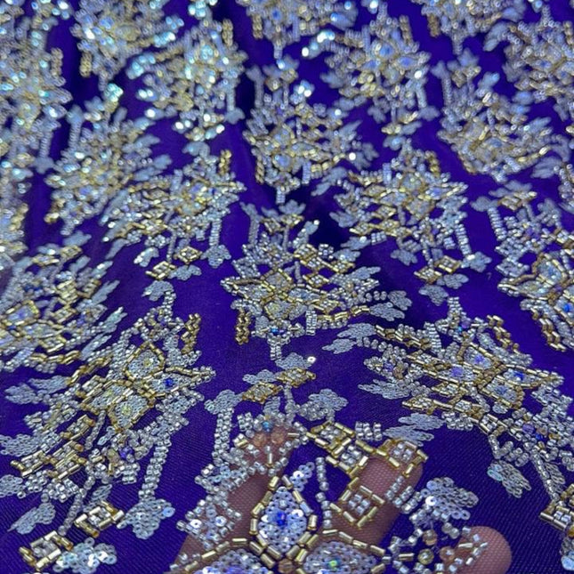 Pearl / Beaded Wedding Dress - Purple / Gold - 1 Yard