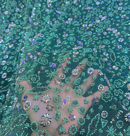 Prestige Pearl / Beaded Lace - Dark Green - 1 Yard