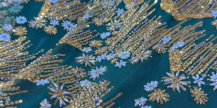 Beaded with Embroidered Rhinestones - Green / Gold - 1 yard