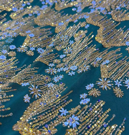 Beaded with Embroidered Rhinestones - Green / Gold - 1 yard