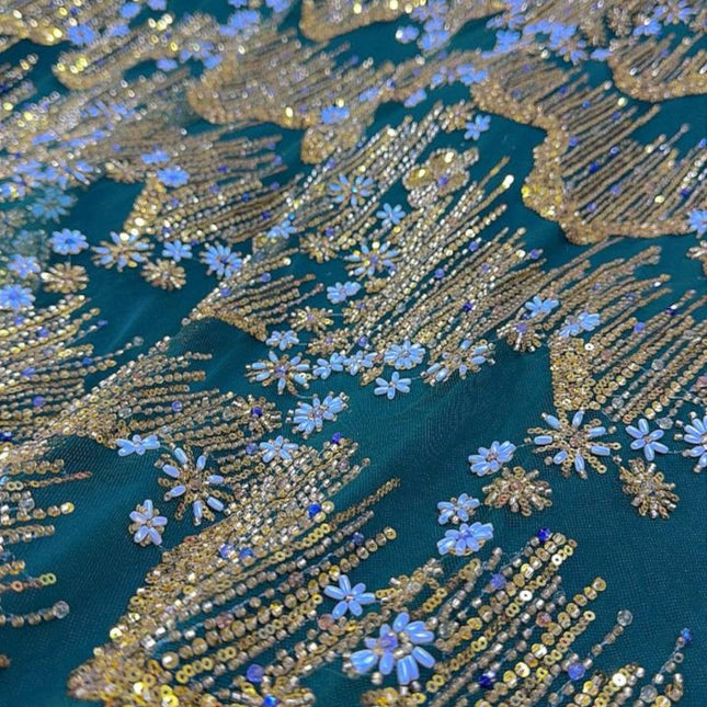 Beaded with Embroidered Rhinestones - Green / Gold - 1 yard