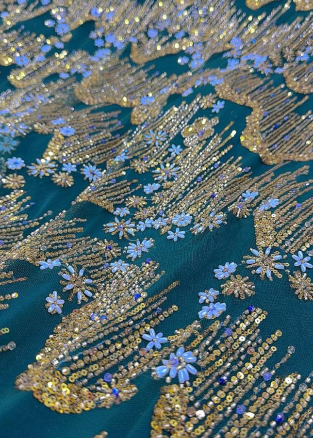 Beaded with Embroidered Rhinestones - Green / Gold - 1 yard