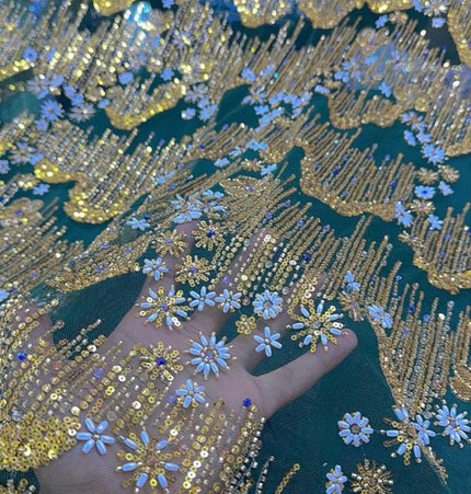 Beaded with Embroidered Rhinestones - Green / Gold - 1 yard