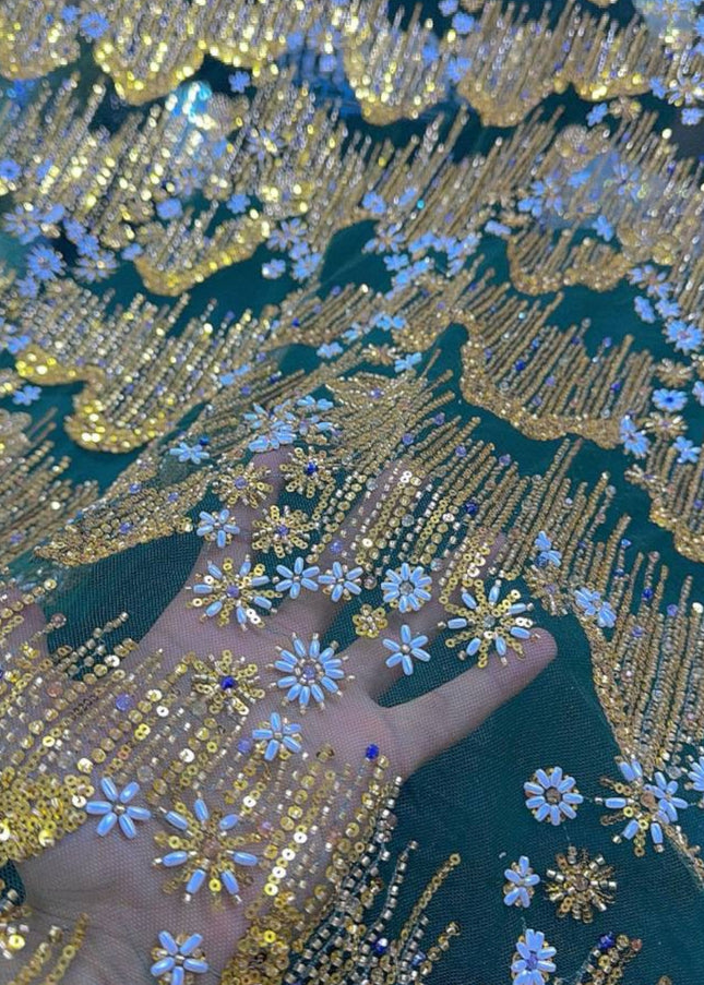 Beaded with Embroidered Rhinestones - Green / Gold - 1 yard