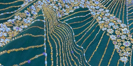 Luxurious Pearl / Beaded Lace - Green / Gold - 1 yard