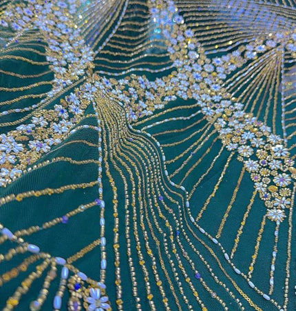 Luxurious Pearl / Beaded Lace - Green / Gold - 1 yard