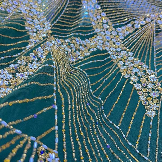 Luxurious Pearl / Beaded Lace - Green / Gold - 1 yard