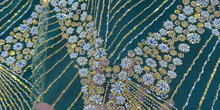 Luxurious Pearl / Beaded Lace - Green / Gold - 1 yard