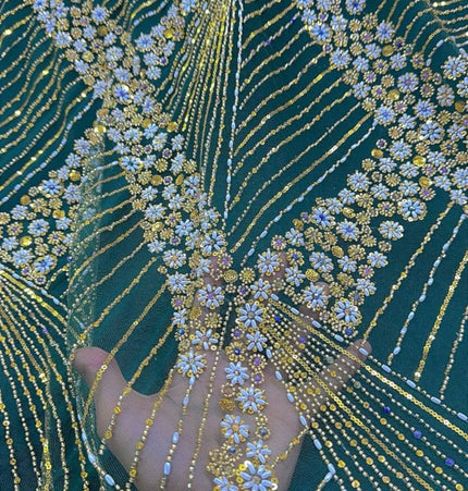 Luxurious Pearl / Beaded Lace - Green / Gold - 1 yard