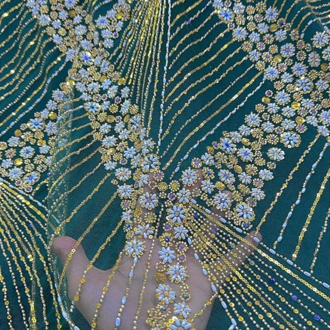 Luxurious Pearl / Beaded Lace - Green / Gold - 1 yard
