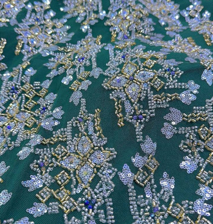 Pearl / Beaded Wedding Dress - Green / Gold - 1 Yard