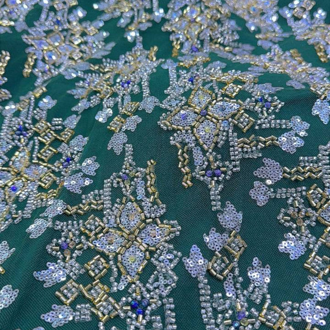Pearl / Beaded Wedding Dress - Green / Gold - 1 Yard