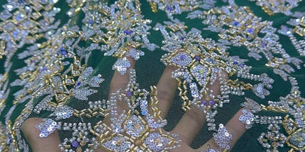 Pearl / Beaded Wedding Dress - Green / Gold - 1 Yard