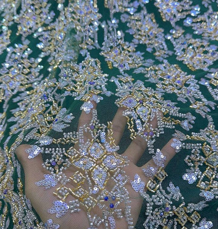 Pearl / Beaded Wedding Dress - Green / Gold - 1 Yard