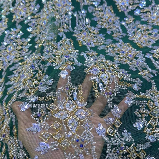 Pearl / Beaded Wedding Dress - Green / Gold - 1 Yard