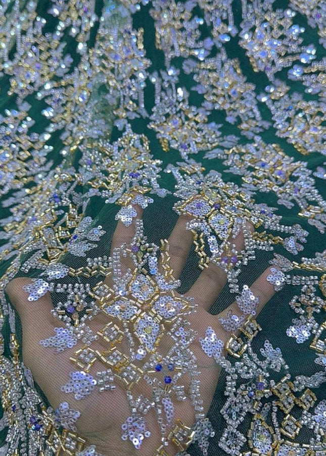 Pearl / Beaded Wedding Dress - Green / Gold - 1 Yard