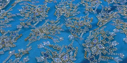 Pearl / Beaded Wedding Dress - Light Blue / Gold - 1 Yard