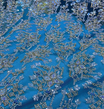 Pearl / Beaded Wedding Dress - Light Blue / Gold - 1 Yard