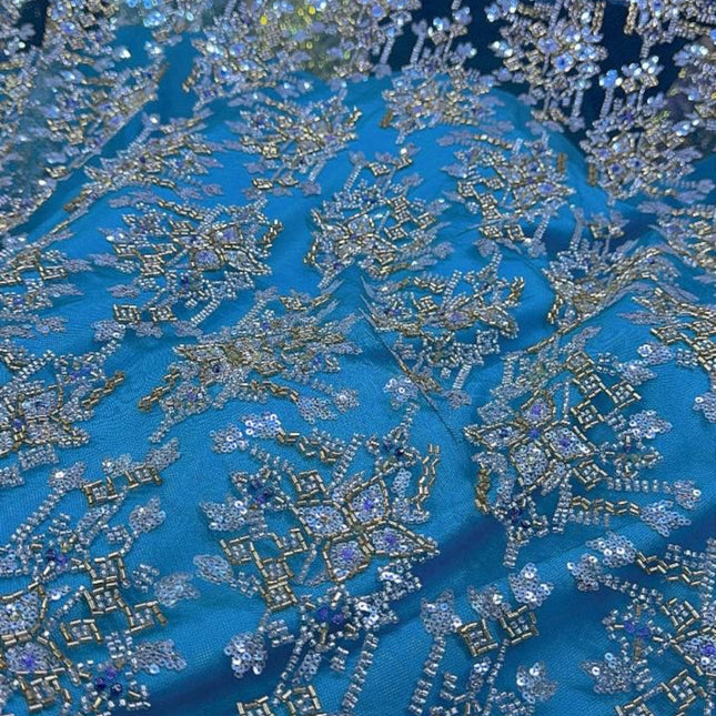 Pearl / Beaded Wedding Dress - Light Blue / Gold - 1 Yard