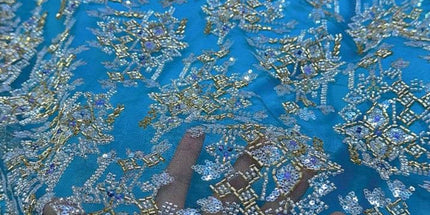 Pearl / Beaded Wedding Dress - Light Blue / Gold - 1 Yard