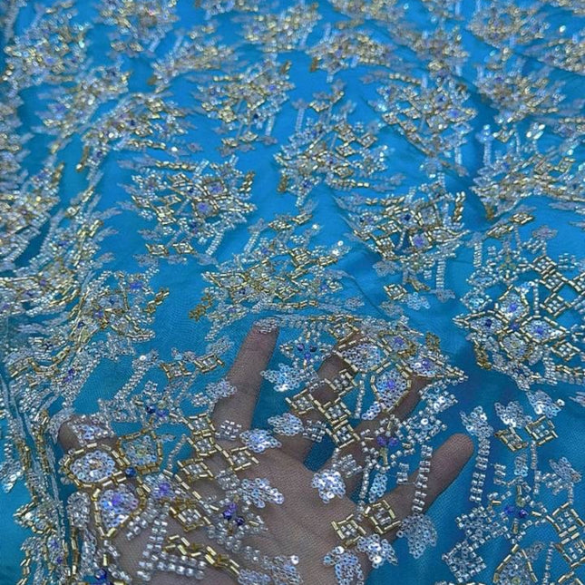 Pearl / Beaded Wedding Dress - Light Blue / Gold - 1 Yard