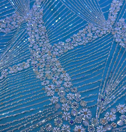 Luxurious Pearl / Beaded Lace - Sky Blue / Silver - 1 yard