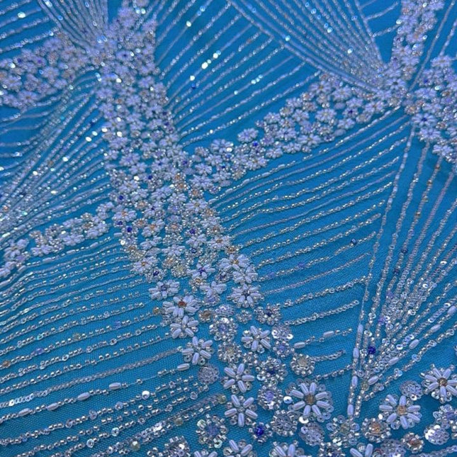 Luxurious Pearl / Beaded Lace - Sky Blue / Silver - 1 yard