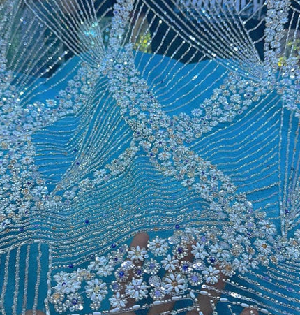 Luxurious Pearl / Beaded Lace - Sky Blue / Silver - 1 yard