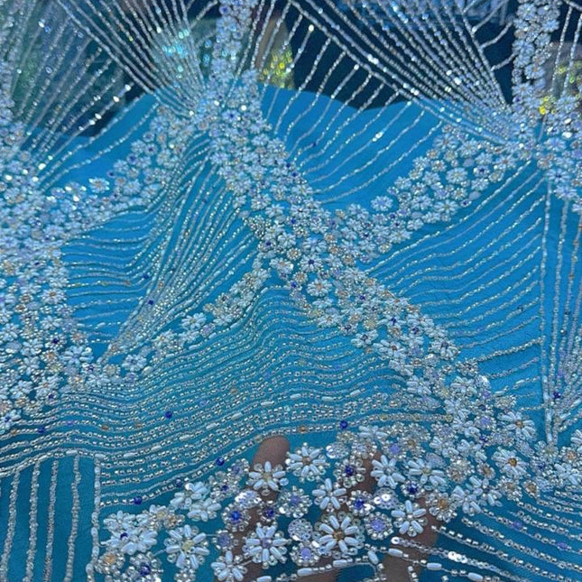 Luxurious Pearl / Beaded Lace - Sky Blue / Silver - 1 yard