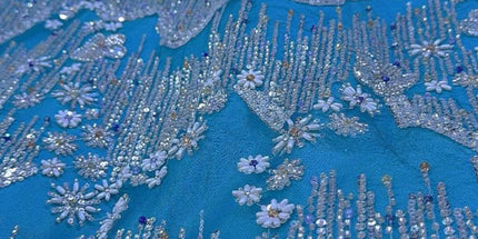 Beaded with Embroidered Rhinestones - Light Blue / Silver - 1 yard