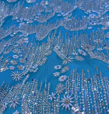 Beaded with Embroidered Rhinestones - Light Blue / Silver - 1 yard