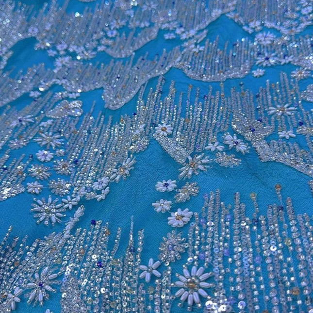 Beaded with Embroidered Rhinestones - Light Blue / Silver - 1 yard