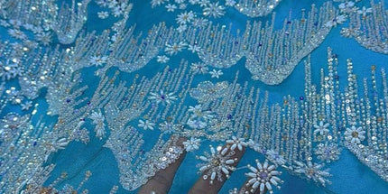 Beaded with Embroidered Rhinestones - Light Blue / Silver - 1 yard