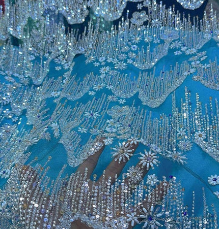 Beaded with Embroidered Rhinestones - Light Blue / Silver - 1 yard