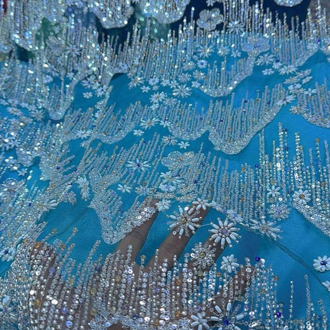 Beaded with Embroidered Rhinestones - Light Blue / Silver - 1 yard