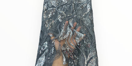 Embroidered Beaded Lace - Gray - 1 Yard