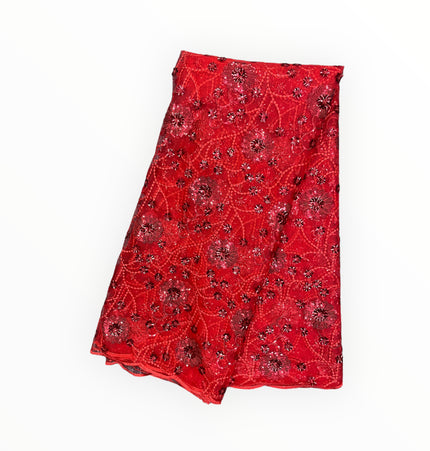 Red Silk Embroidery French Lace - 1 Yard