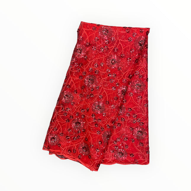 Red Silk Embroidery French Lace - 1 Yard