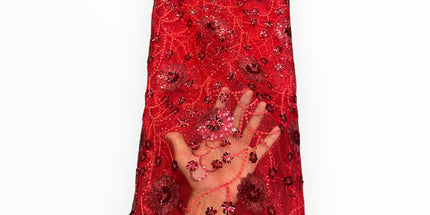 Red Silk Embroidery French Lace - 1 Yard