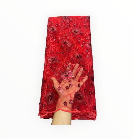 Red Silk Embroidery French Lace - 1 Yard