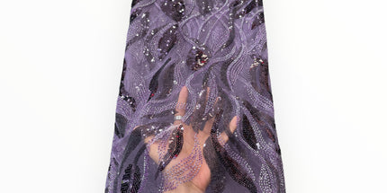 Embroidered Beaded Lace - Purple - 1 Yard