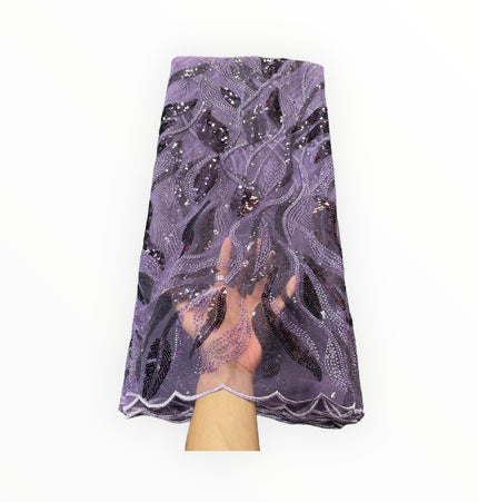 Embroidered Beaded Lace - Purple - 1 Yard