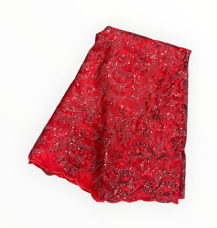 Embroidered Beaded Lace - Red - 1 yard
