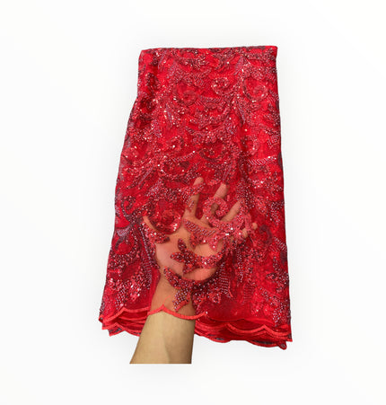 Embroidered Beaded Lace - Red - 1 yard