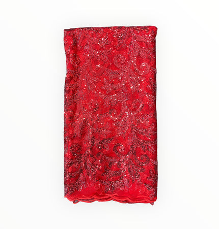 Embroidered Beaded Lace - Red - 1 yard