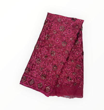 Maroon Silk Embroidery French Lace - 1 Yard