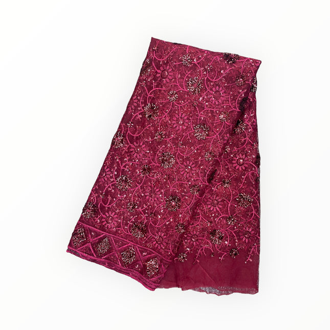 Maroon Silk Embroidery French Lace - 1 Yard